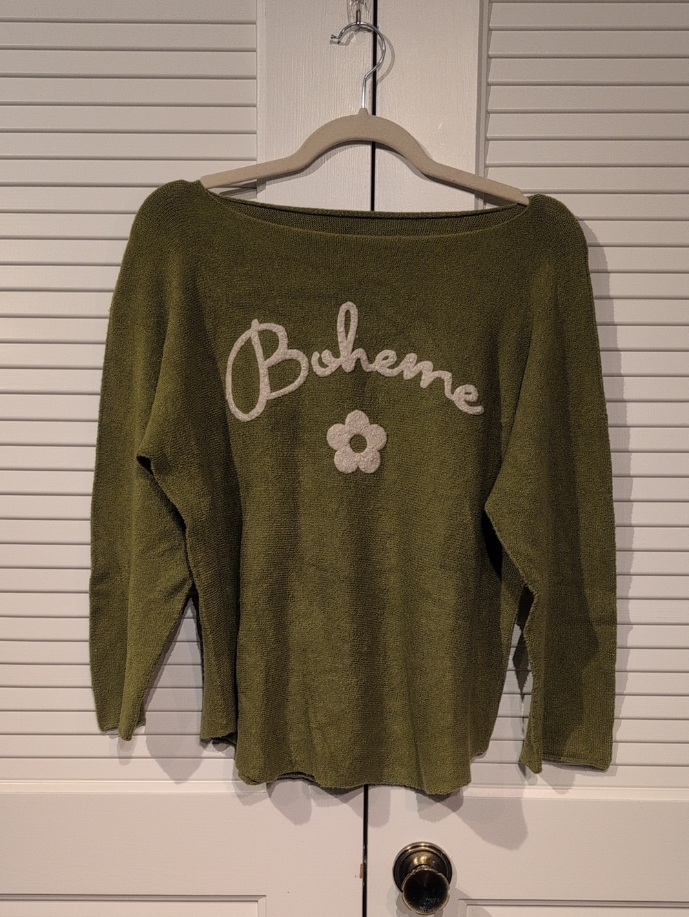 Boheme Olive Green Off-Shoulder Sweater with Cream Logo NWOT